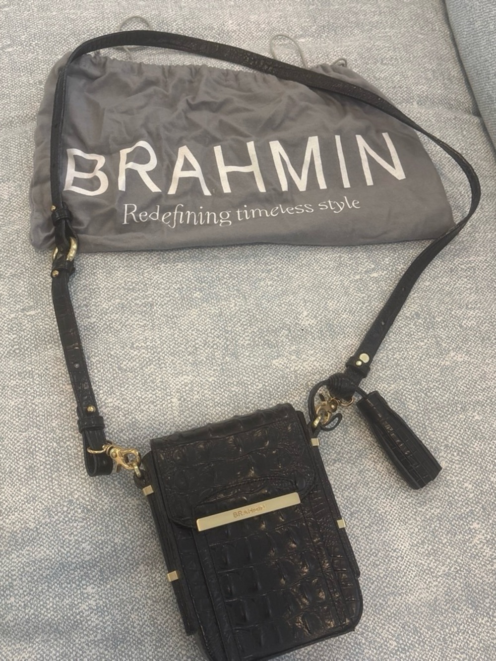 Brahmin Black Croc-Embossed Leather Crossbody Phone Pouch